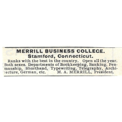 M.A. Merrill Business College Stamford CT c1890 Victorian Ad AE9-CH4