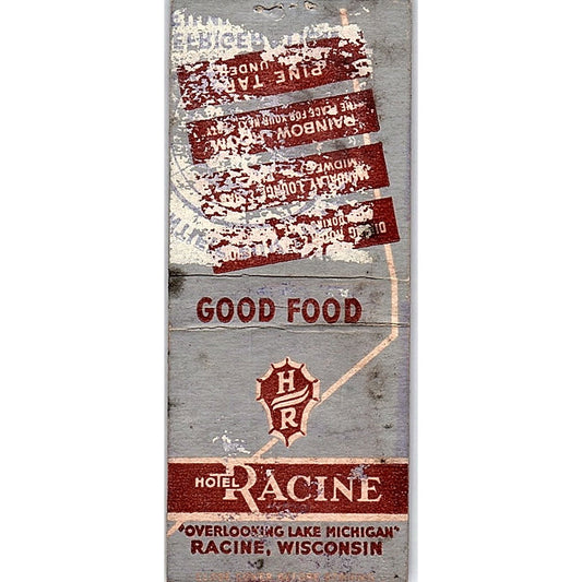 Hotel Racine Lake Michigan WI Vintage Matchbook Cover SC7-Y9