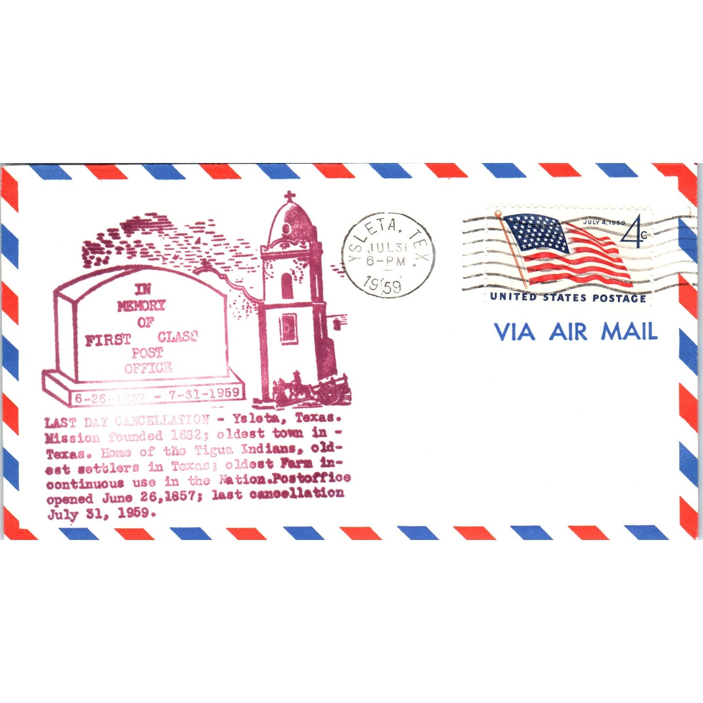 1959 Ysleta TX 1st Class Post Office Last Day Cancellation Postal Cover TI5-PC1