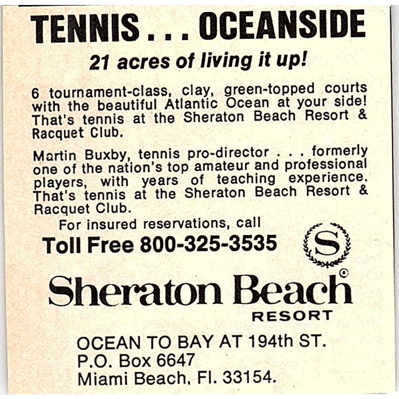 Sheraton Beach Resort & Racquet Club Martin Bixby Tennis FL 1977 Ad AF3-Q3