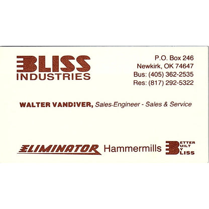 Bliss Industries Walter Vandiver Newkirk OK Vintage Business Card SB4-B9