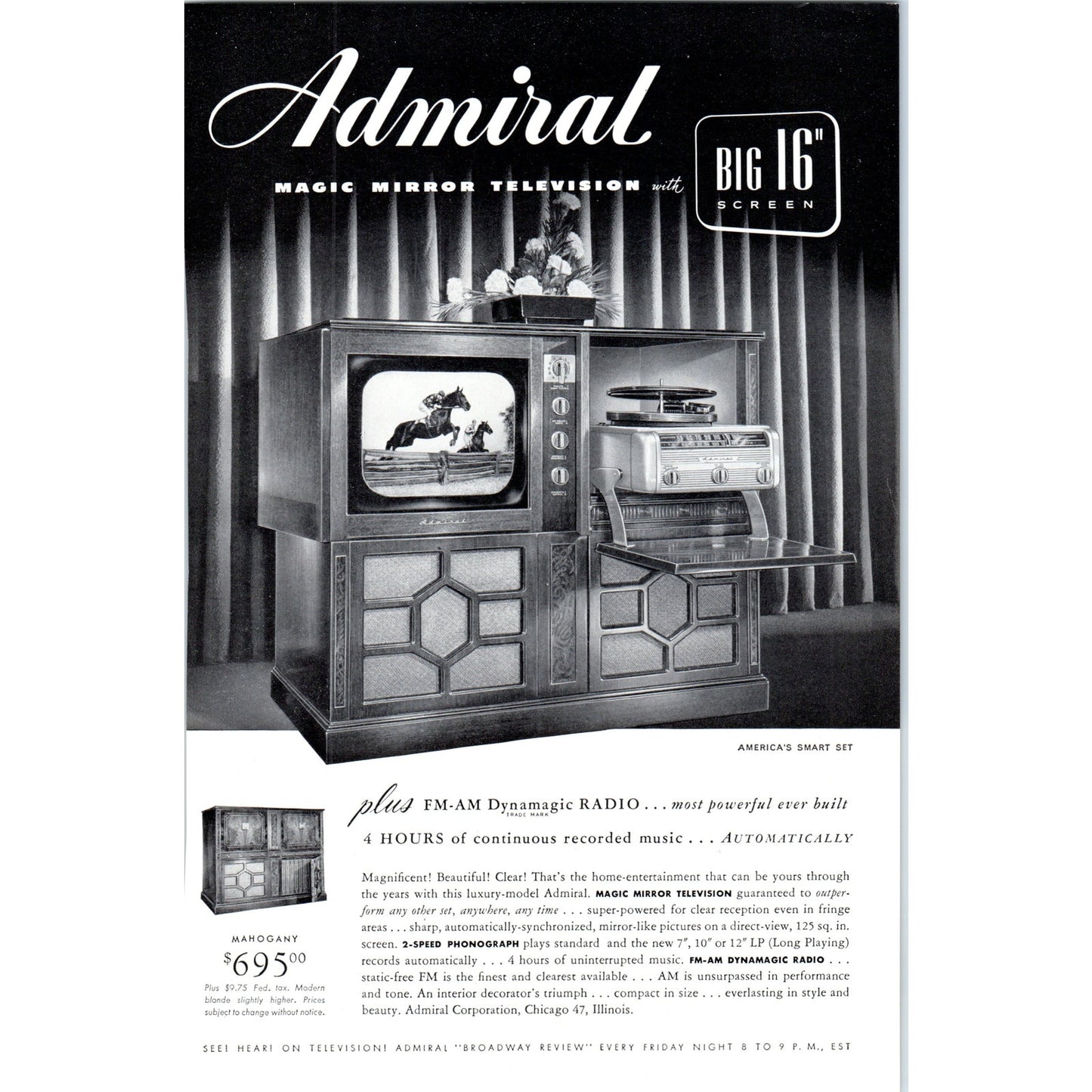 Admiral Mahogany Cabinet Television TV Teleset - Vintage Magazine Ad D20