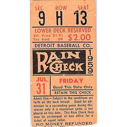 1959 Detroit Baseball Co Rain Check Stub AF9-S4