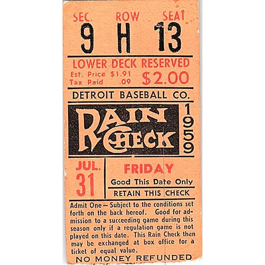 1959 Detroit Baseball Co Rain Check Stub AF9-S4