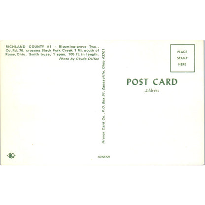 Richland County #1 Blooming-Grove Twp Rome Ohio Covered Bridge Postcard PB13