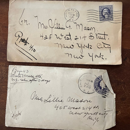 1919 Lillie Mason New York City from White Plains Set of 2 Envelopes TG9-PC-2