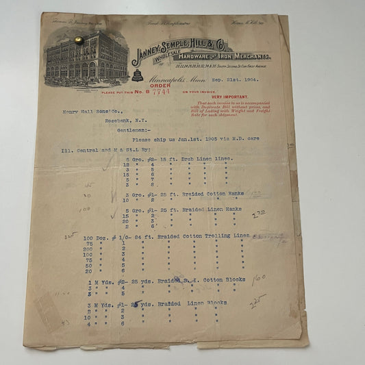 Janney, Semple, Hill & Co Hardware Minneapolis 1904 2-Page Billhead Receipt C15