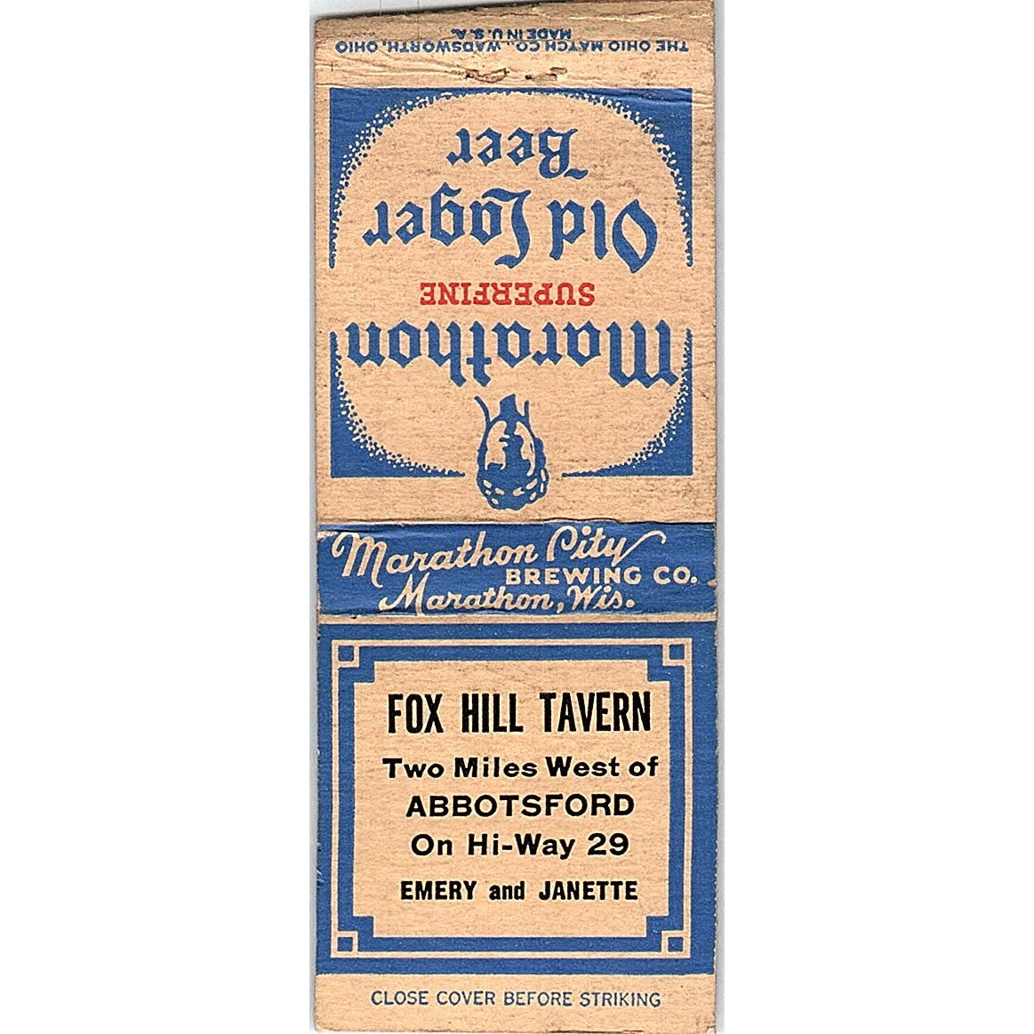 Fox Hill Tavern Emery & Janette Abbotsford WI Vintage Matchbook Cover SF3-Y5