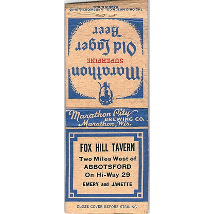 Fox Hill Tavern Emery & Janette Abbotsford WI Vintage Matchbook Cover SF3-Y5