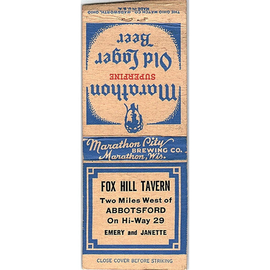 Fox Hill Tavern Emery & Janette Abbotsford WI Vintage Matchbook Cover SF3-Y5