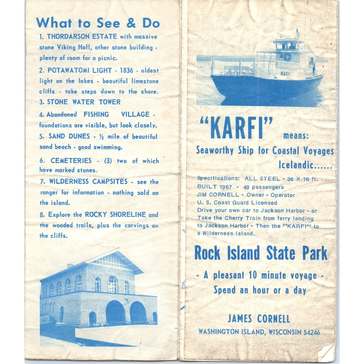 Vtg Rock Island Karfi Cruise Captain Jim & Doris Fold Out Travel Brochure TF4-B1