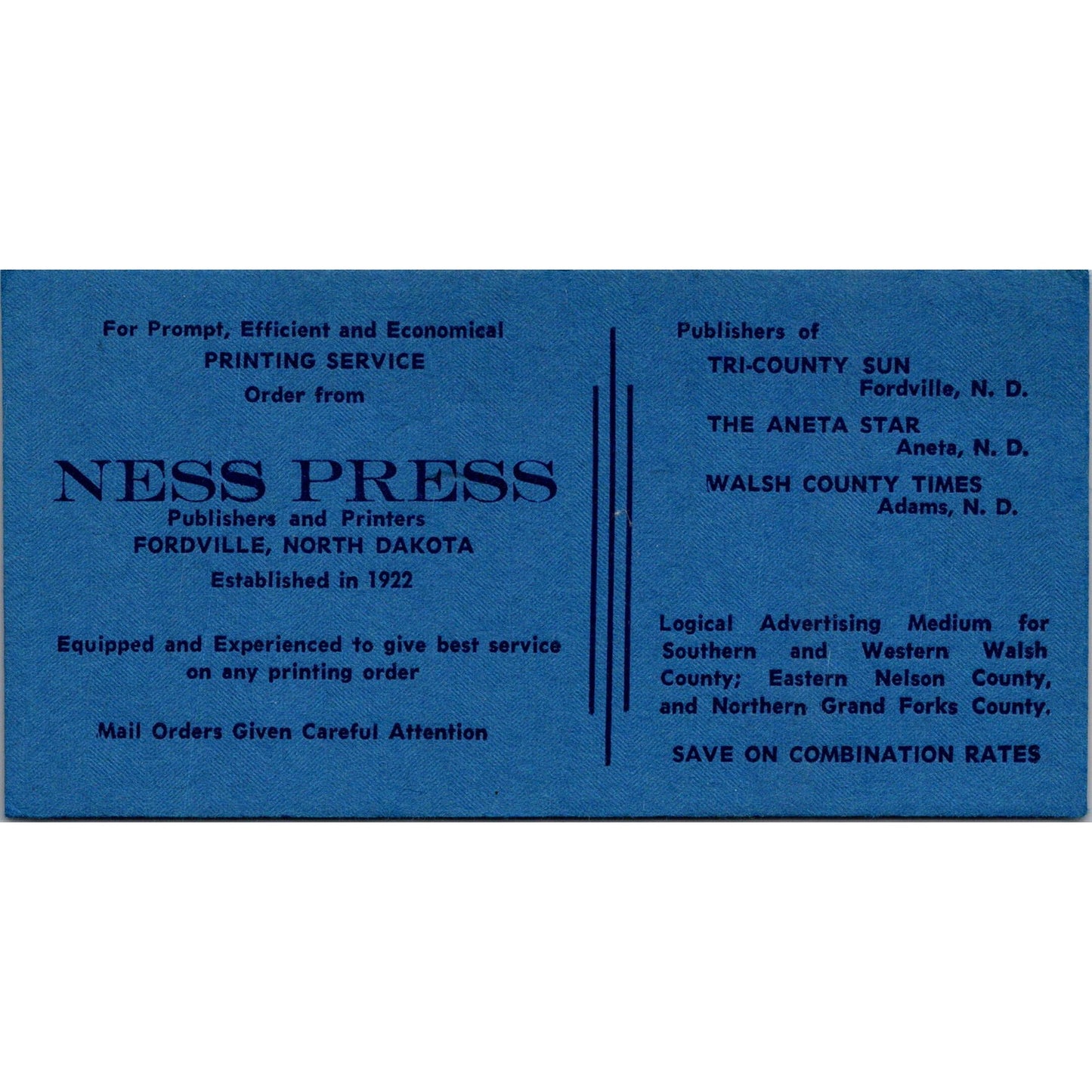 Ness Press Printing Service Fordville ND Antique Blotter Card AJ5-H5