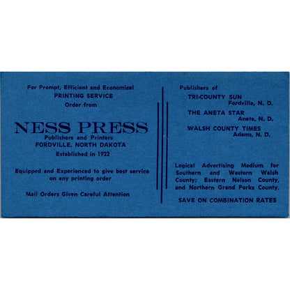 Ness Press Printing Service Fordville ND Antique Blotter Card AJ5-H5