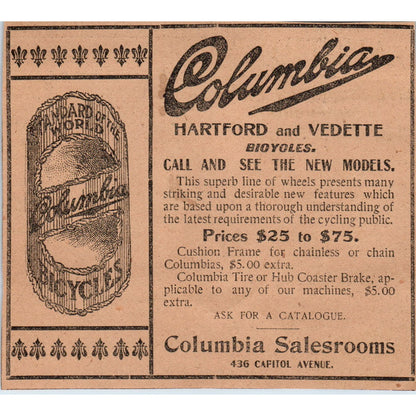 Columbia Hartford and Vedette Bicycles Capitol Ave 1901 Newspaper Ad AD8-H2