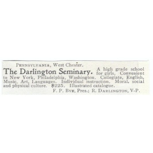 The Darlington Seminary F.P. Bye c1905 Original Magazine Advertisement AE7-SA1