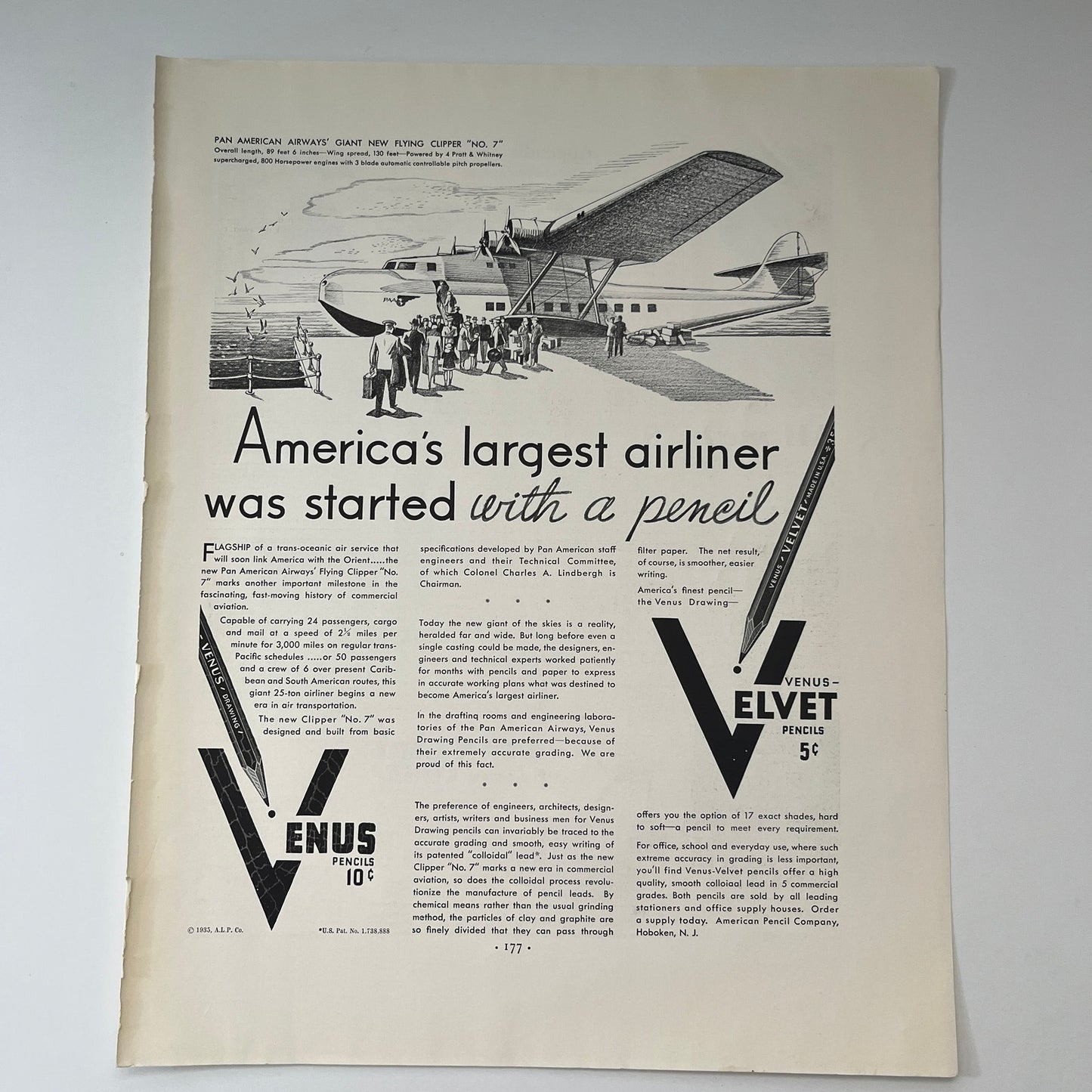 Venus Velvet Pencils Hoboken - Pan American Airways Flying Clipper 1935 Ad V1-4