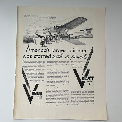 Venus Velvet Pencils Hoboken - Pan American Airways Flying Clipper 1935 Ad V1-4