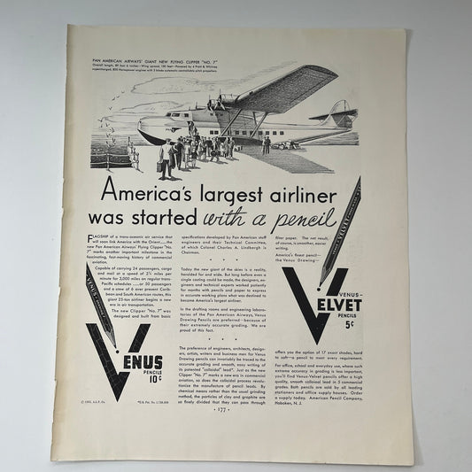 Venus Velvet Pencils Hoboken - Pan American Airways Flying Clipper 1935 Ad V1-4