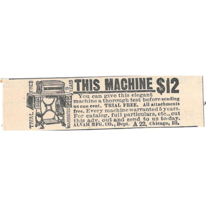 Alvah Mfg Co Sewing Machines Chicago IL 1892 Magazine Ad AB6-S4