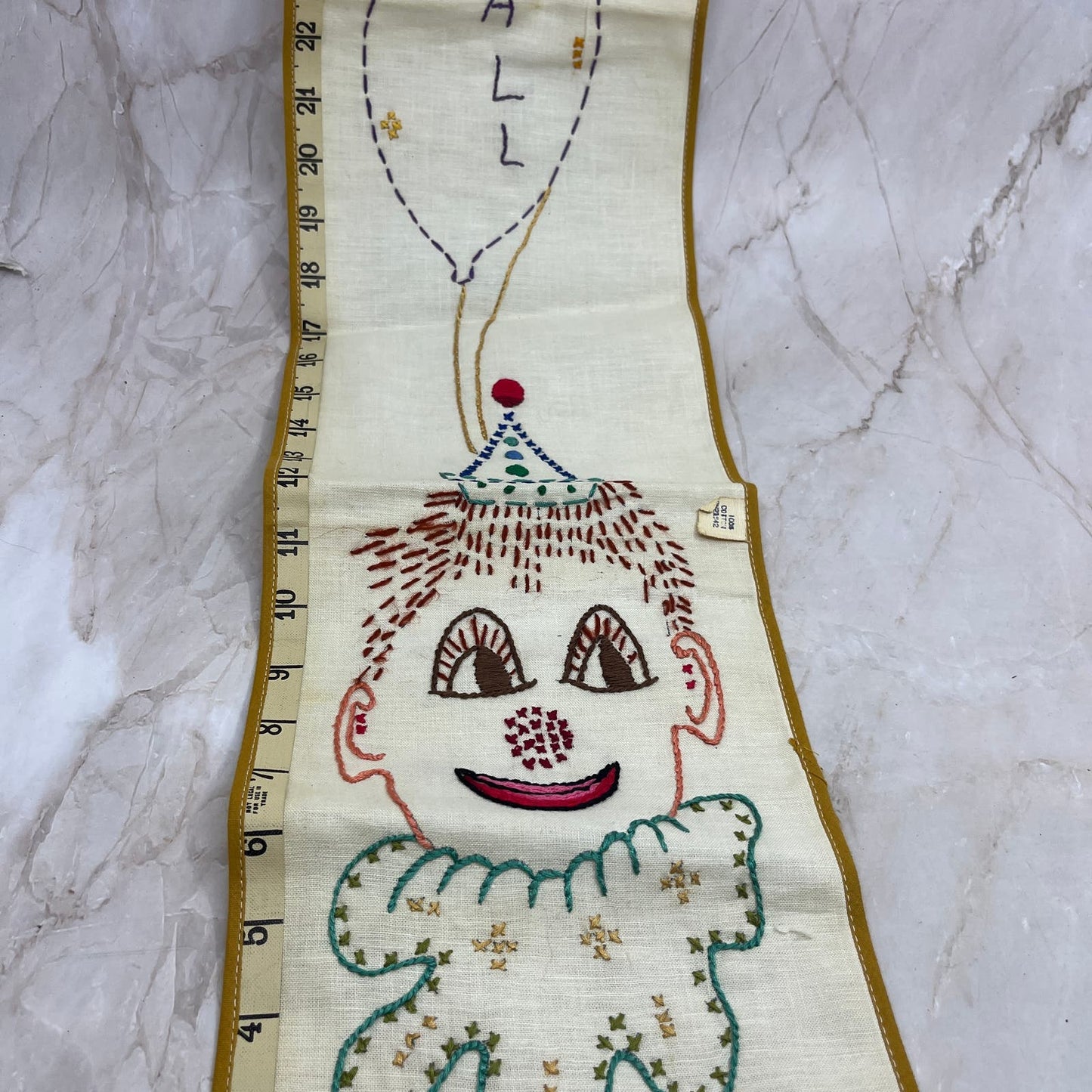 Vintage Handmade Embroidered Clown Child Growth Chart 45" TF5-L1