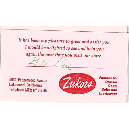 Zukors Clothing Lakewood CA Vintage Business Card SE5-B4