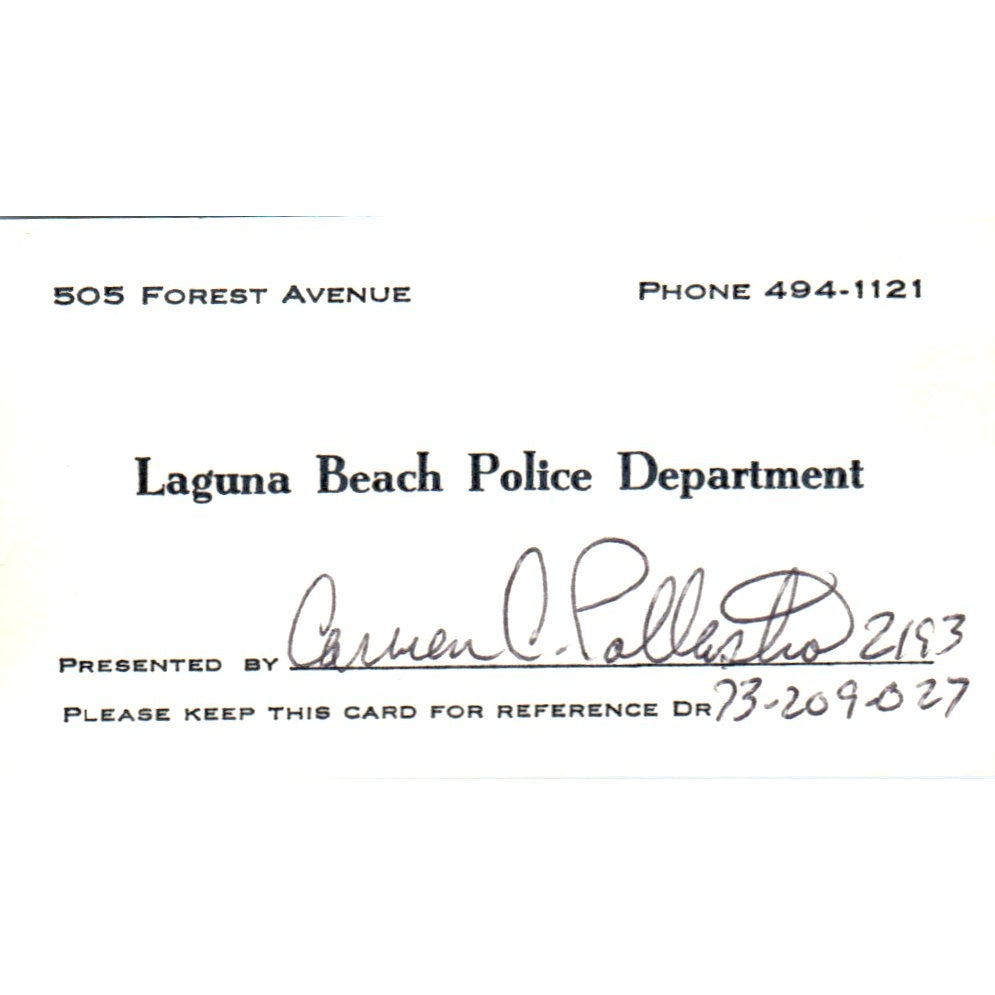 Laguna Beach Police Department Carmen Pallasho Vintage Business Card SD4-B2