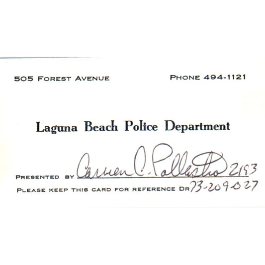 Laguna Beach Police Department Carmen Pallasho Vintage Business Card SD4-B2