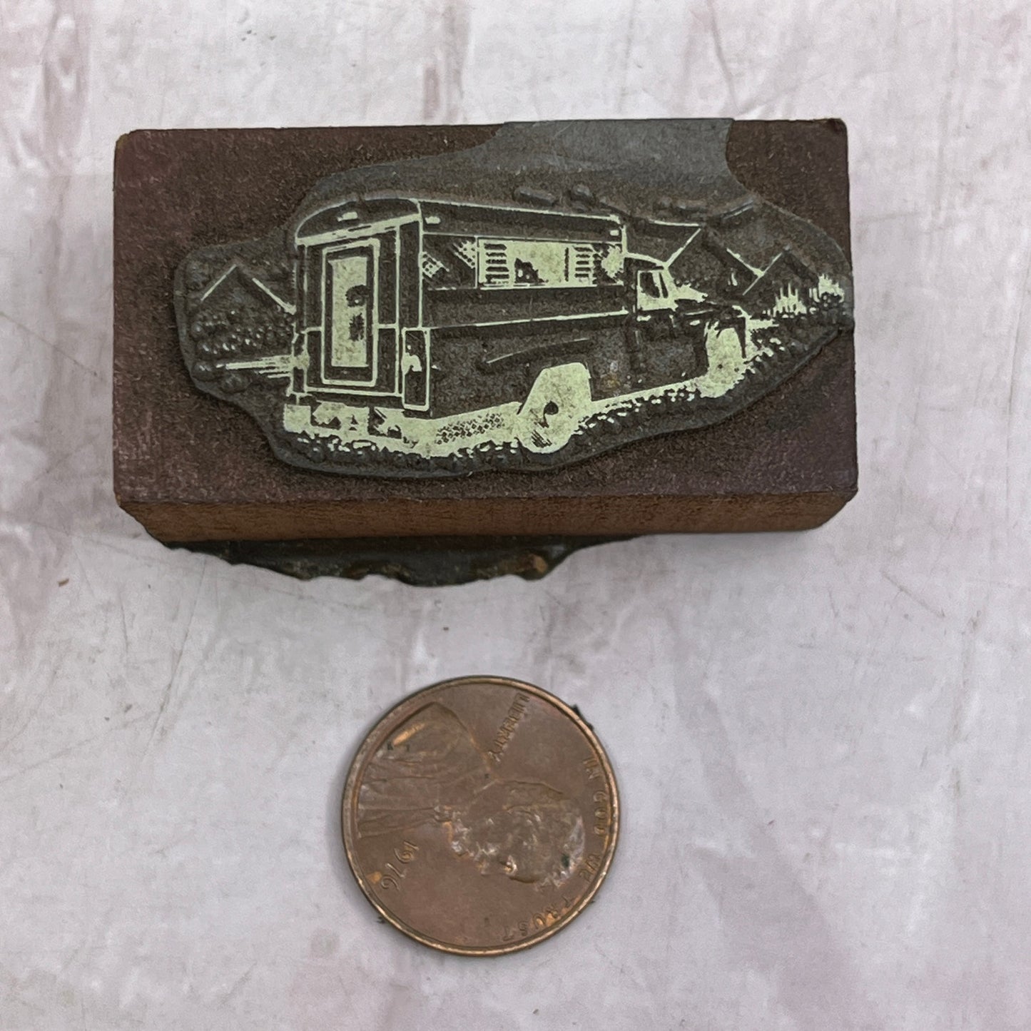 Retro Pickup Truck With Topper in Mountains Letterpress Printers Block Plate SF5