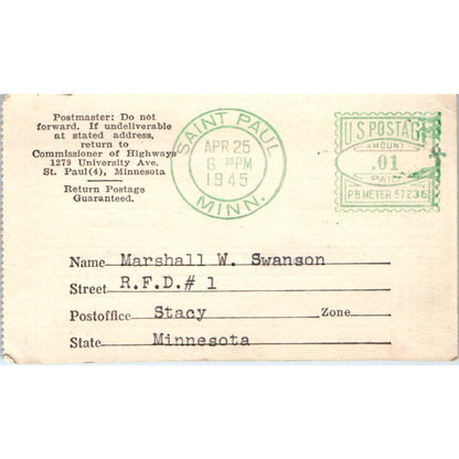 1949 Driver's License Marshall William Swanson Stacey MN AD7