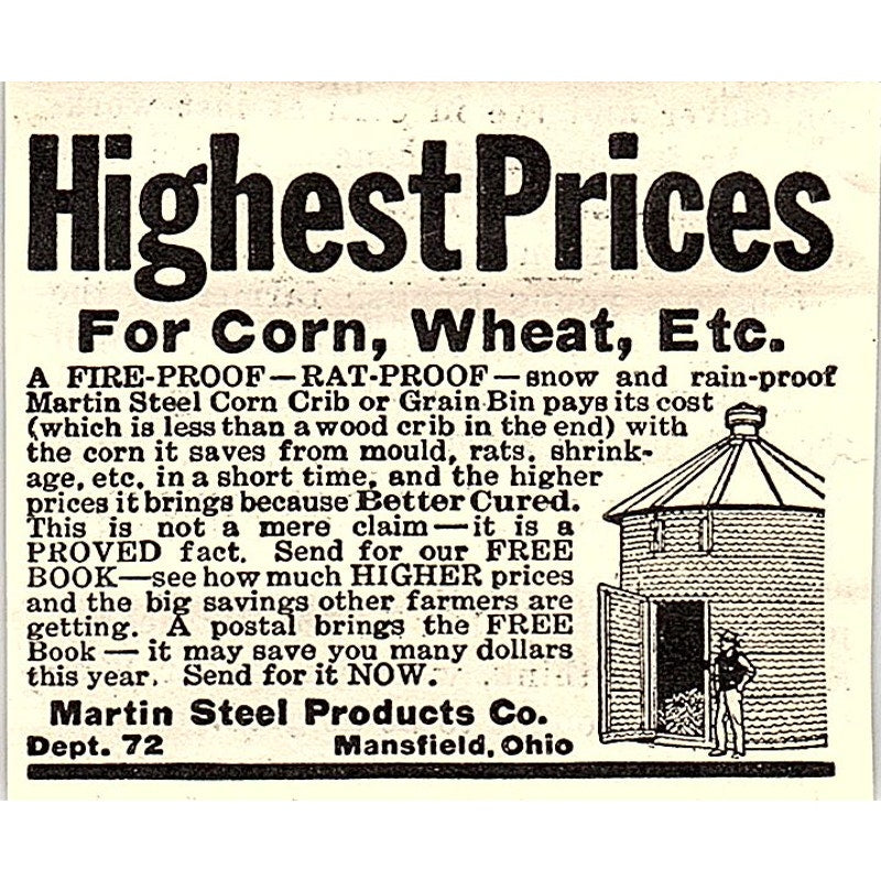 Martin Steel Products Co Corn Crib Grain Bin Mansfield Ohio 1924 Ad AG3-S18
