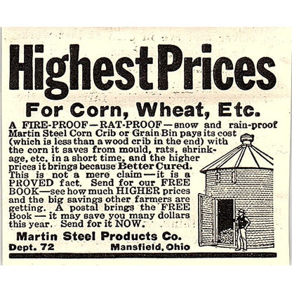 Martin Steel Products Co Corn Crib Grain Bin Mansfield Ohio 1924 Ad AG3-S18