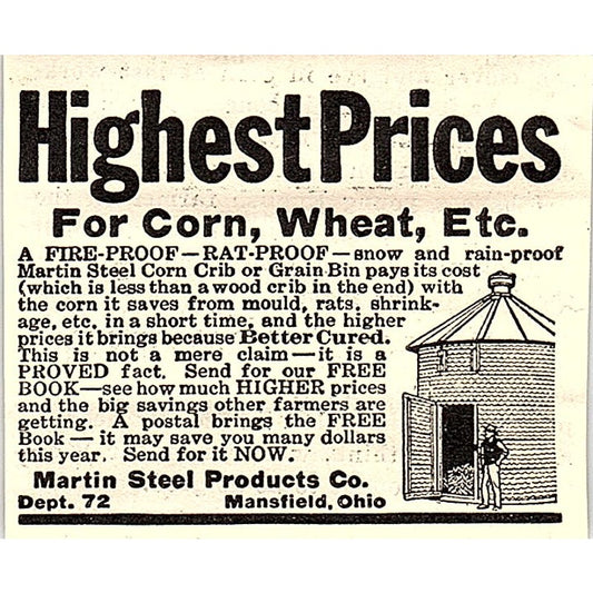 Martin Steel Products Co Corn Crib Grain Bin Mansfield Ohio 1924 Ad AG3-S18