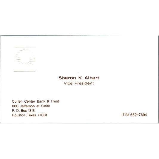 Sharon K Albert Cullen Center Bank & Trust Houston Vintage Business Card SE3-B9