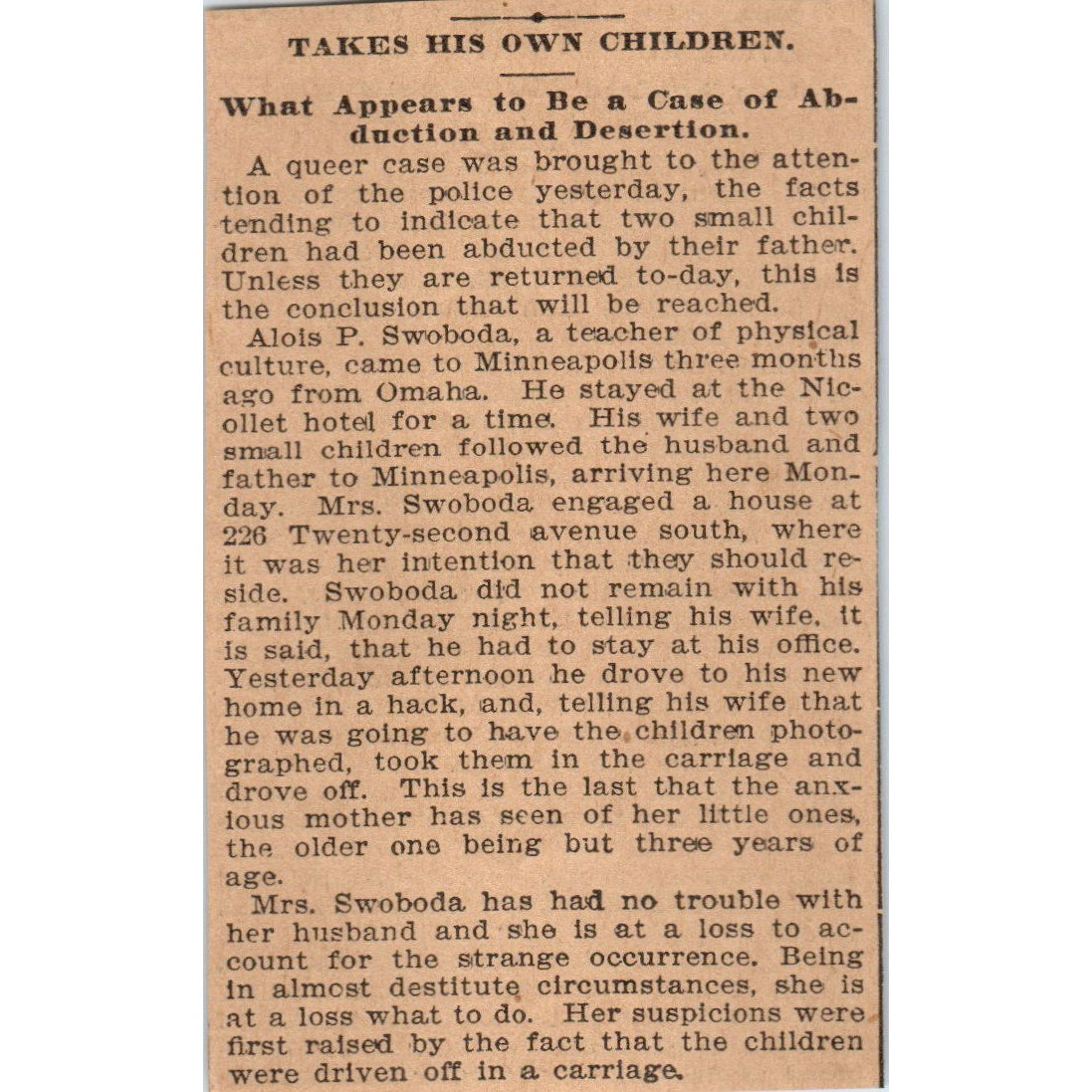 Alois P. Swoboda Child Abduction Minneapolis St. Paul 1898 Newspaper Ad AF2-Q1