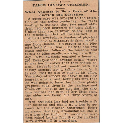 Alois P. Swoboda Child Abduction Minneapolis St. Paul 1898 Newspaper Ad AF2-Q1