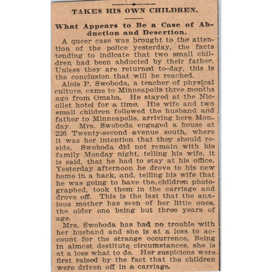 Alois P. Swoboda Child Abduction Minneapolis St. Paul 1898 Newspaper Ad AF2-Q1