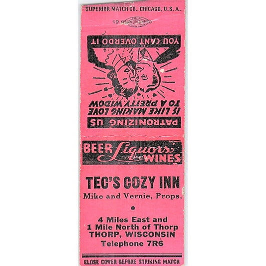 Tec's Cozy Inn Mike & Vernie Thorp WI Vintage Matchbook Cover SF3-Y1