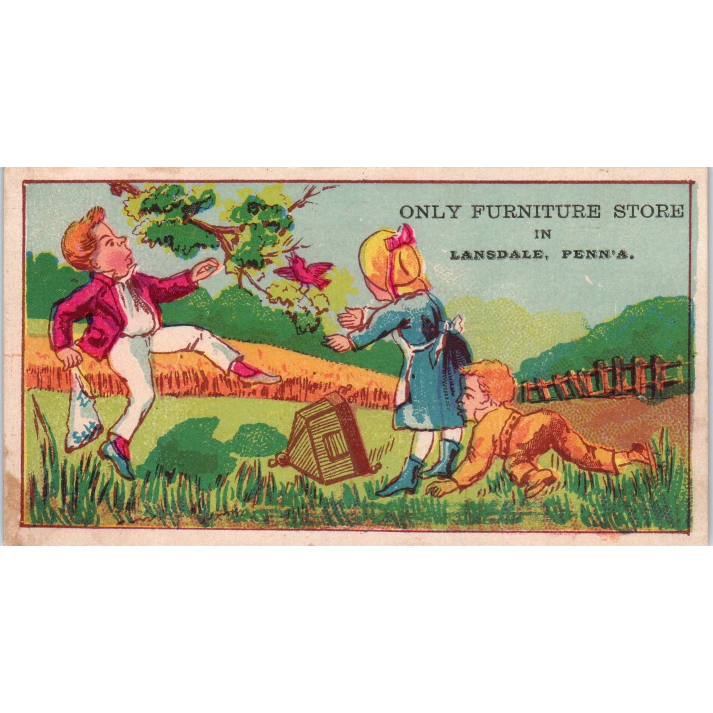 Children Playing S.B. Conver's Furniture Lansdale c1880 Victorian Trade Card AE5