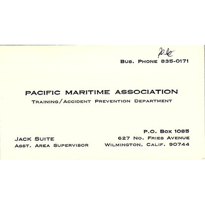 Jack Suite Pacific Maritime Assoc Wilmington CA Vintage Business Card SD9-B9