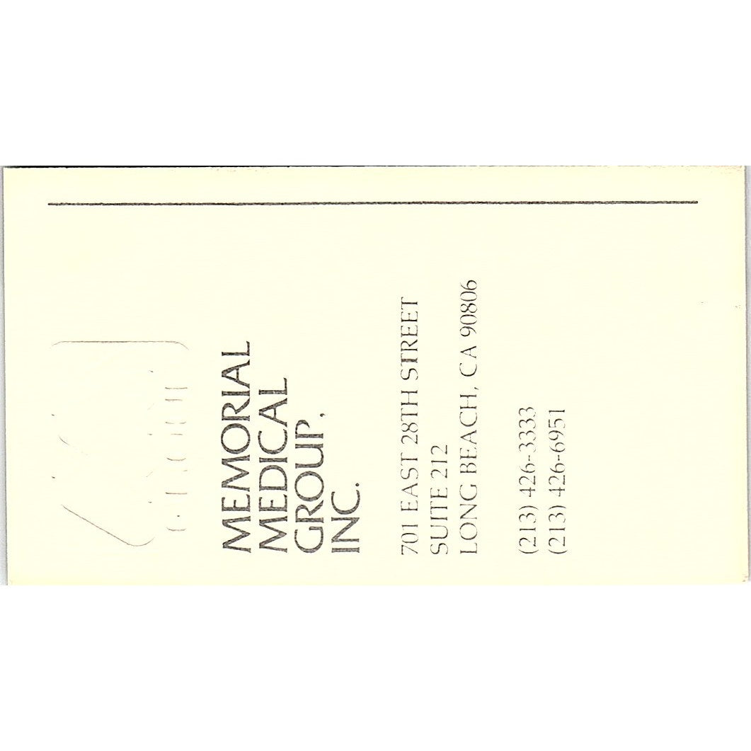Memorial Medical Group Inc., Long Beach, CA Vintage Business Card Sf3-B7