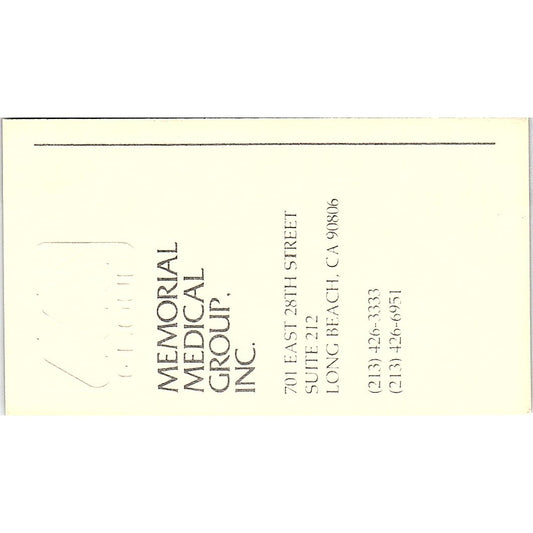 Memorial Medical Group Inc., Long Beach, CA Vintage Business Card Sf3-B7
