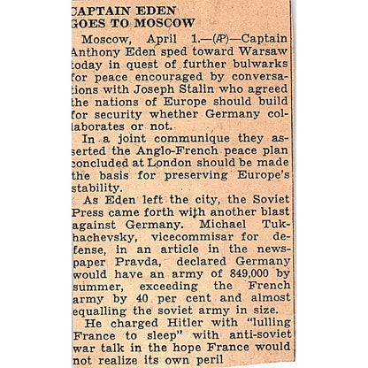 Captain Anthony Eden Goes to Moscow 1935 Newspaper Article AG6-M3
