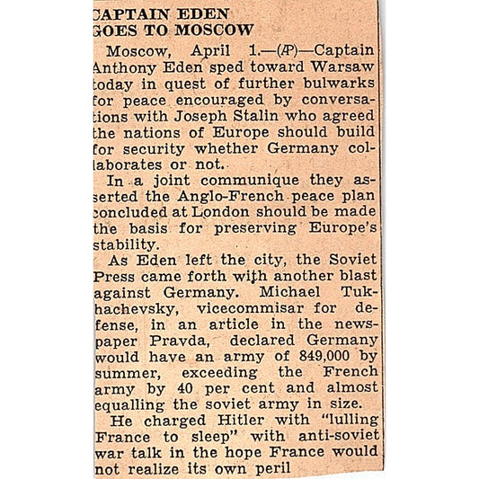 Captain Anthony Eden Goes to Moscow 1935 Newspaper Article AG6-M3