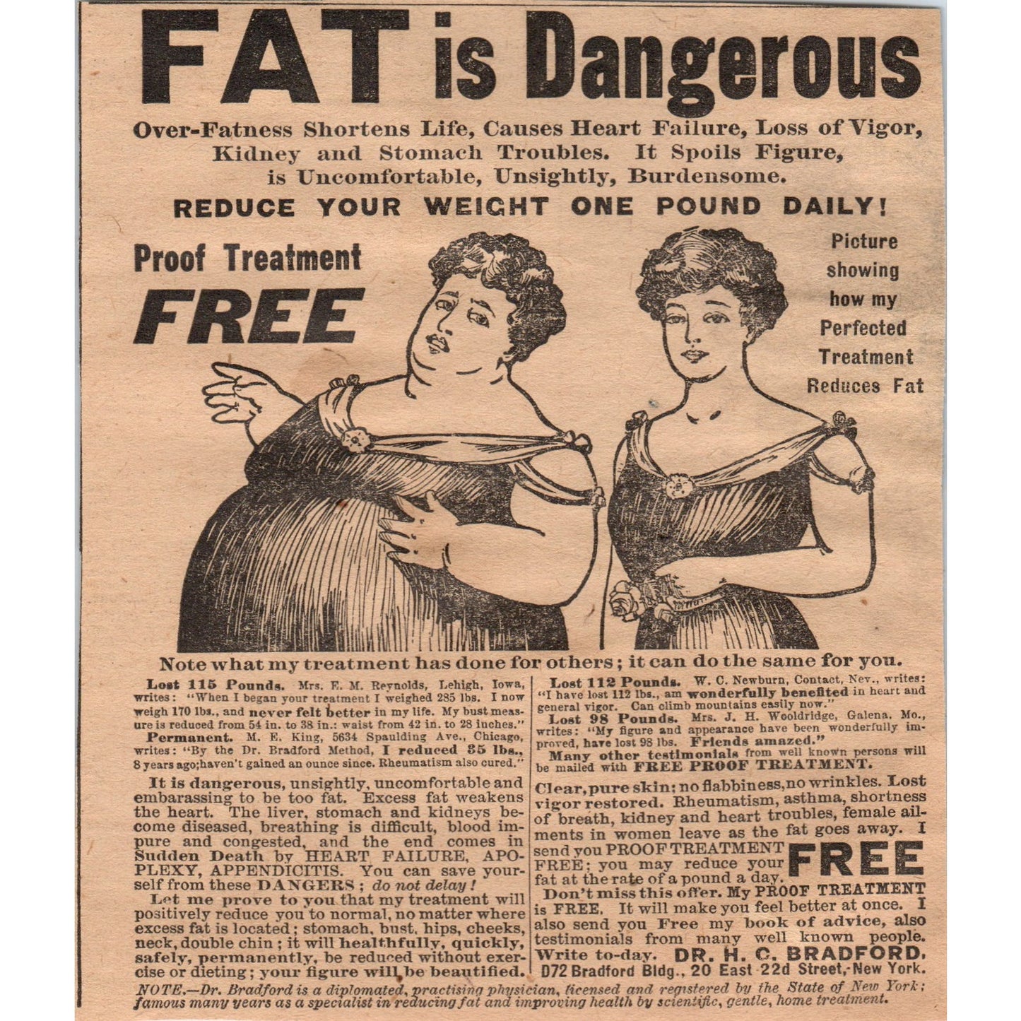 Fat is Dangerous Weight Loss Dr. H.C. Bradford NY 1910 Magazine Ad AF1-CM5