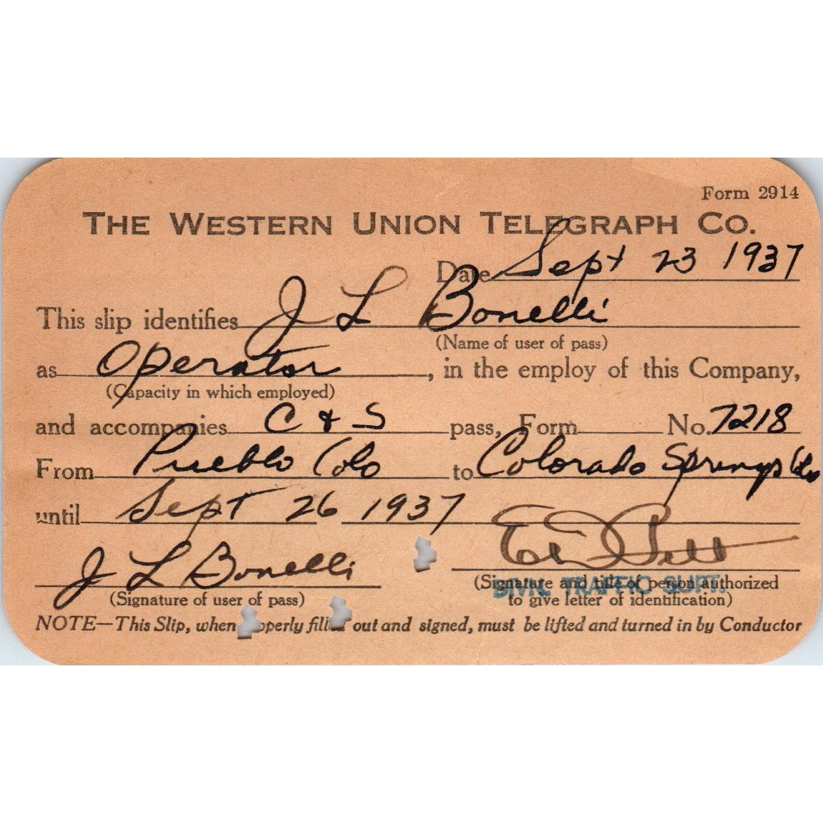1937 Western Union Identification Slip J.L. Bonelli Pueblo to CO Springs AD8-Q1