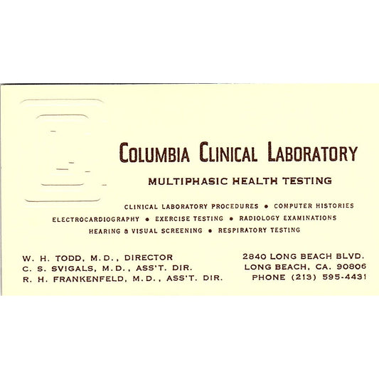 W.H. Todd Columbia Clinical Laboratory Long Beach Vintage Business Card SD9-B11