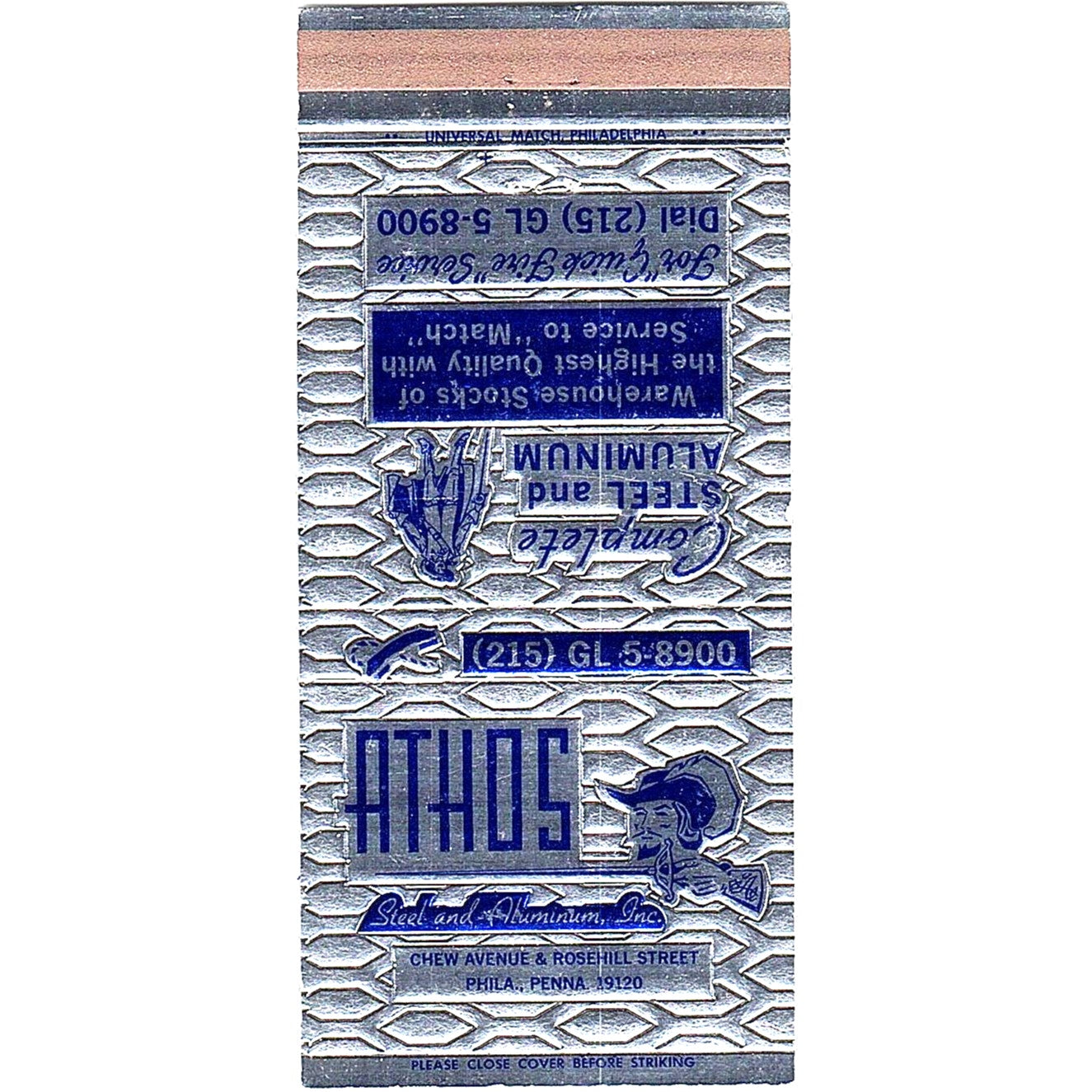 Athos Steel & Aluminum Inc Philadelphia Vintage Matchbook TB6-MB2-8