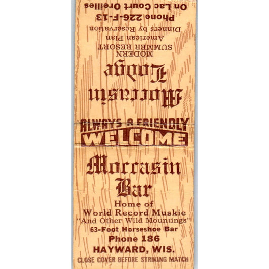 Moccasin Bar & Lodge Hayward WI Vintage Matchbook Cover SD4-Y12