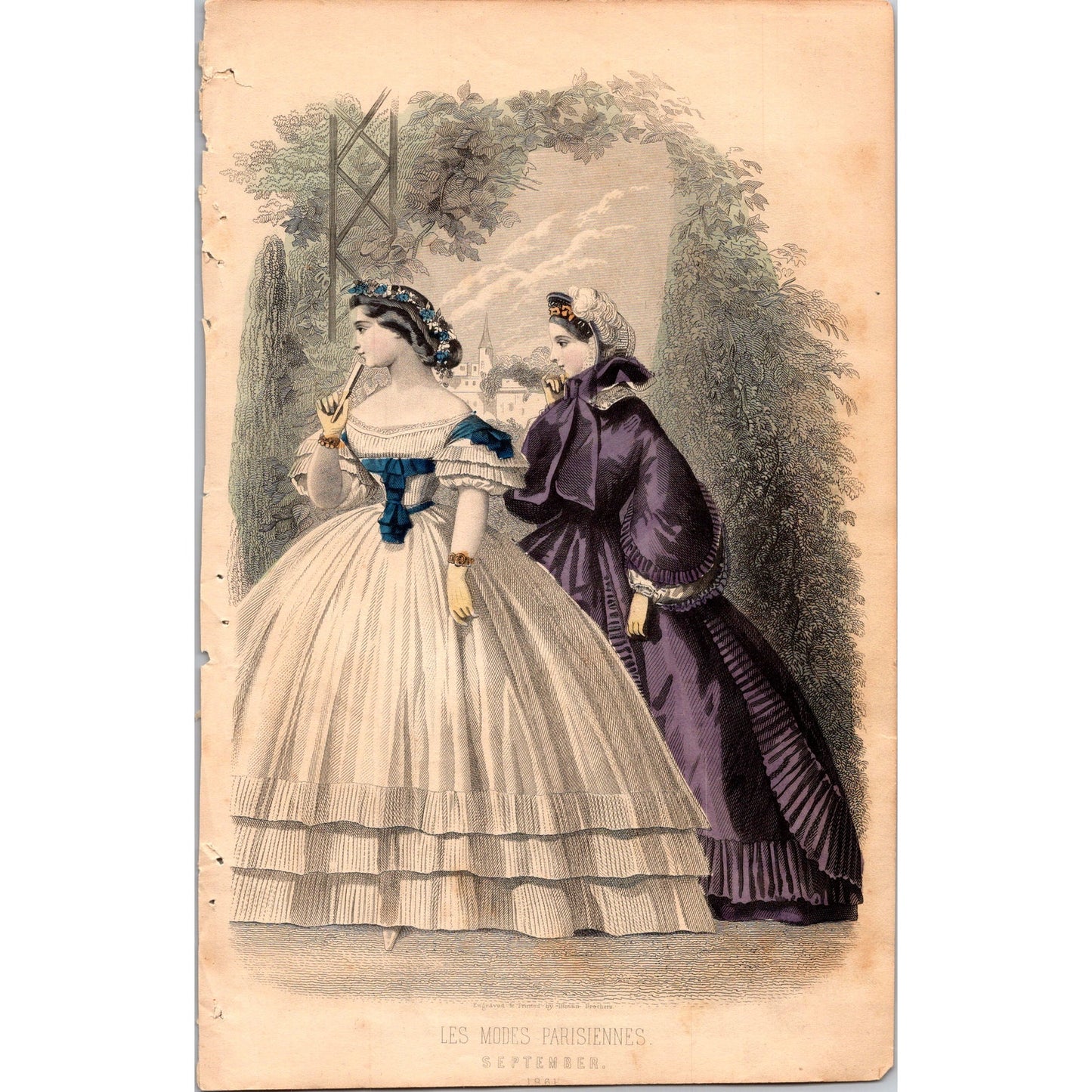 Original 1861 Les Modes Parisiennes Fashion Engraving Civil War Era AJ9-1