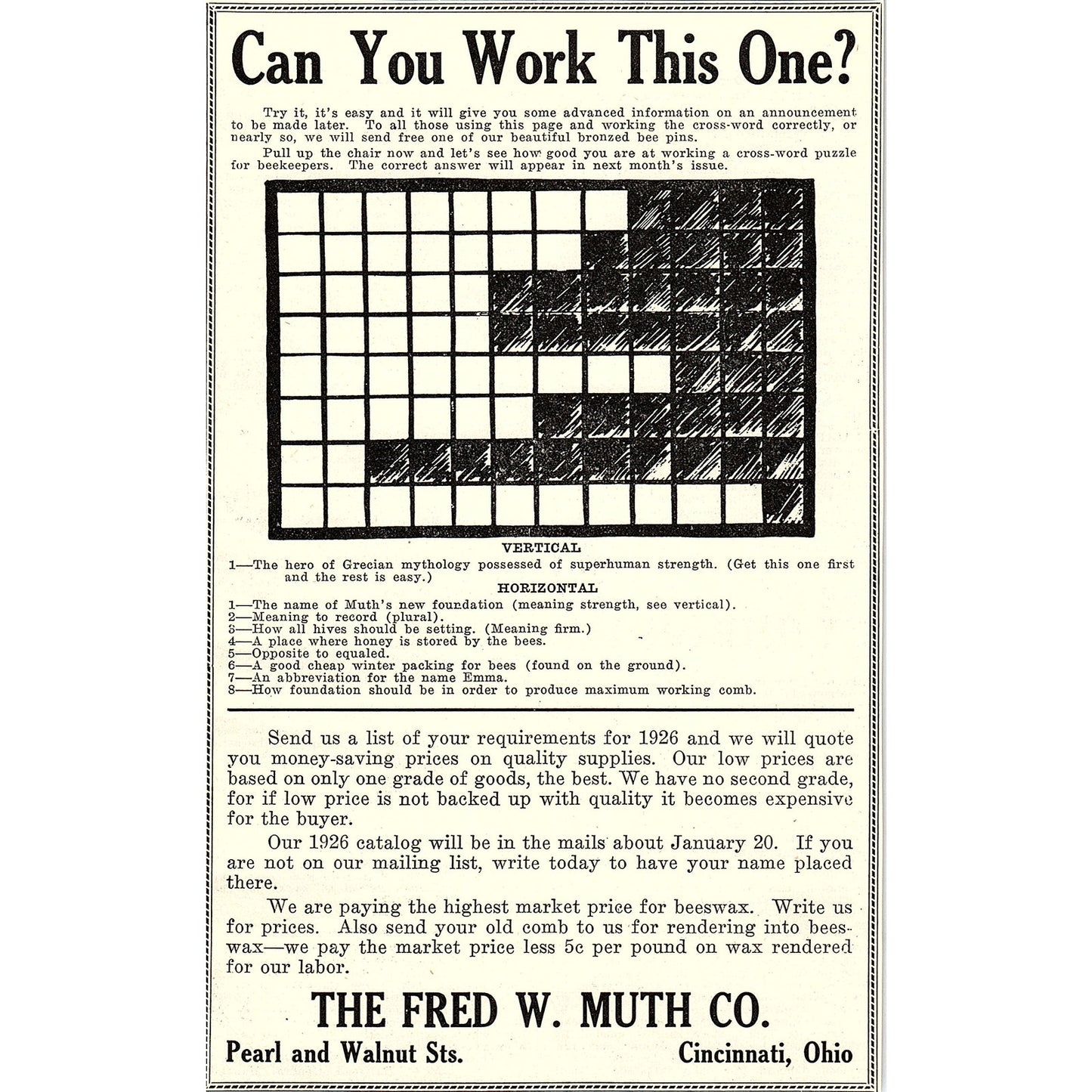 The Fred W Muth Co Puzzle Bee Supplies Cincinnati Ohio 1926 Ad AG3-9